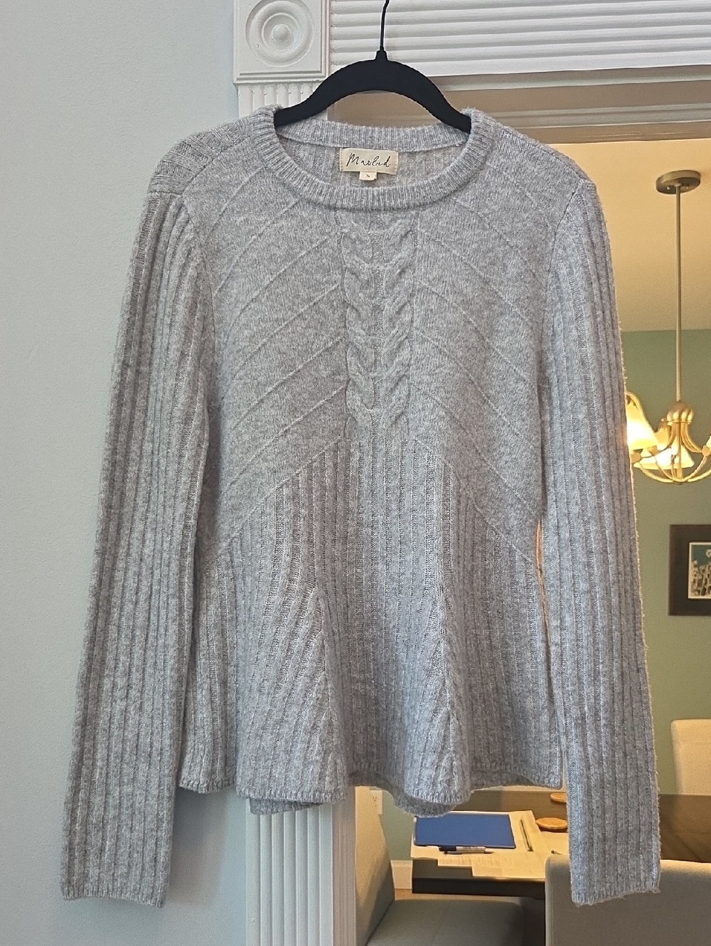 Marled Light Gray Cable-Knit Crewneck Sweater